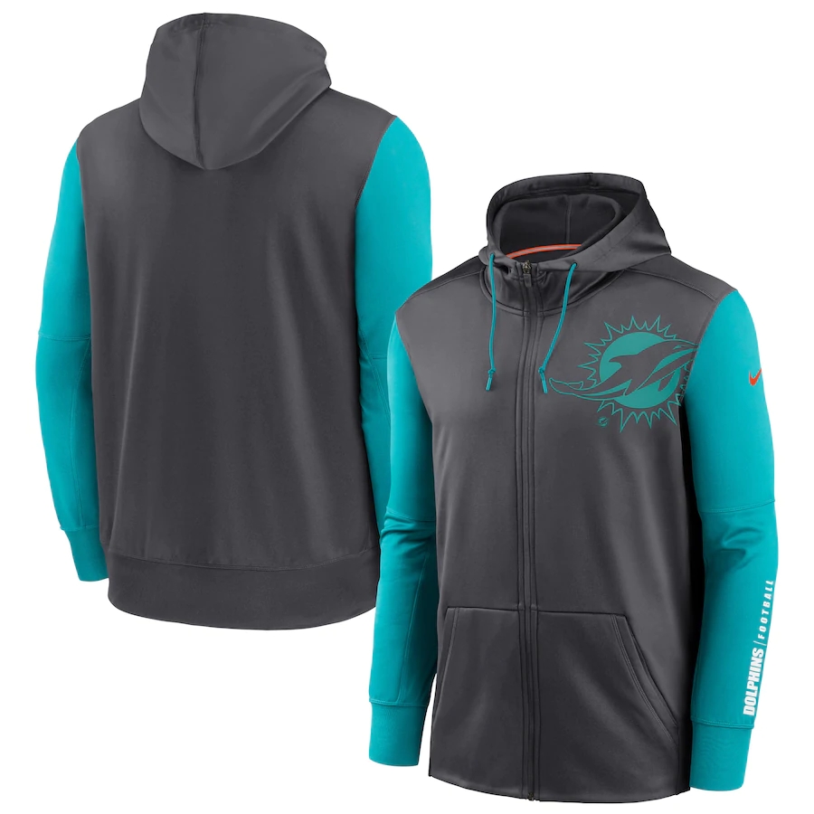Miami Dolphins Charcoal Aqua Fan Gear Mascot Performance Full-Zip Hoodie Miami Dolphins Charcoal Aqua Fan Gear Mascot Performance Full-Zip Hoodie