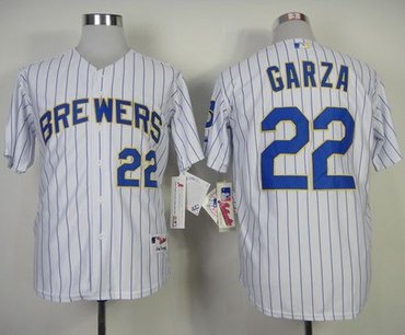 Milwaukee Brewers #22 Matt Garza White (blue strip) Stitched Baseball Jersey
