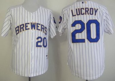 Milwaukee Brewers 20 Lucroy White Blue Strip MLB Jerseys