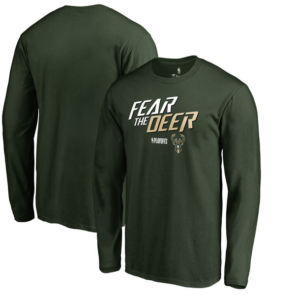 Milwaukee Bucks Fanatics Branded 2018 NBA Playoffs Slogan Long Sleeve T-Shirt Green Milwaukee Bucks Fanatics Branded 2018 NBA Playoffs Slogan Long Sleeve T-Shirt Green