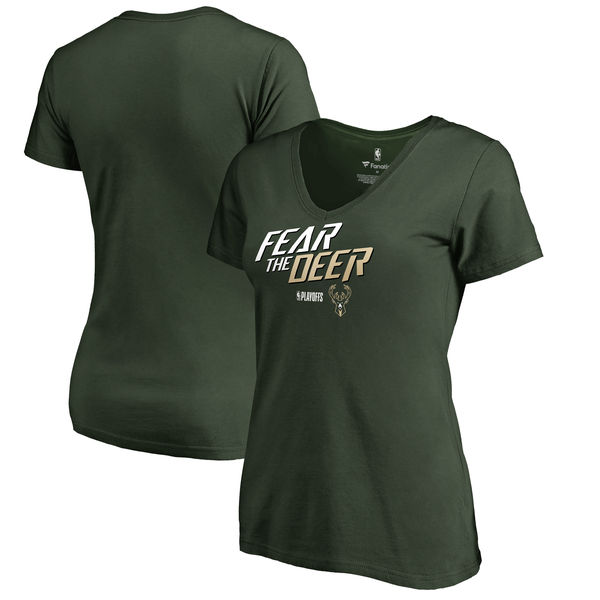 Milwaukee Bucks Fanatics Branded Women's 2018 NBA Playoffs Slogan V Neck T-Shirt Green Milwaukee Bucks Fanatics Branded Women's 2018 NBA Playoffs Slogan V Neck T-Shirt Green
