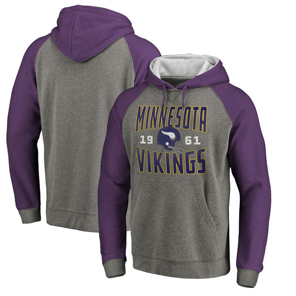Minnesota Vikings NFL Pro Line By Fanatics Branded Timeless Collection Antique Stack Tri-Blend Raglan Pullover Hoodie Ash Minnesota Vikings NFL Pro Line By Fanatics Branded Timeless Collection Antique Stack Tri-Blend Raglan Pullover Hoodie Ash