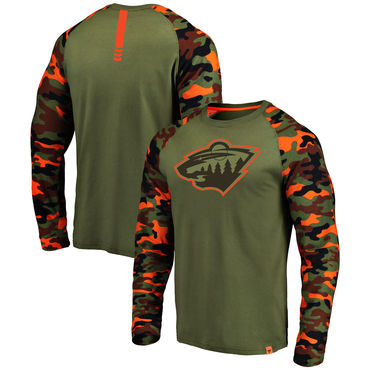 Minnesota Wild Fanatics Branded Olive Camo Recon Long Sleeve Raglan T-Shirt Minnesota Wild Fanatics Branded Olive Camo Recon Long Sleeve Raglan T-Shirt