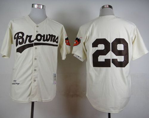 Mitchell And Ness 1953 St. Louis Browns #29 Satchel Paige Cream Throwback Stitched Baseball Jersey Mitchell And Ness 1953 St. Louis Browns #29 Satchel Paige Cream Throwback Stitched Baseball Jersey