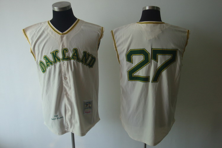 Mitchell And Ness 1968 oakland athletics #27 Catfish Hunter Cream Throwback Stitched MLB Jersey