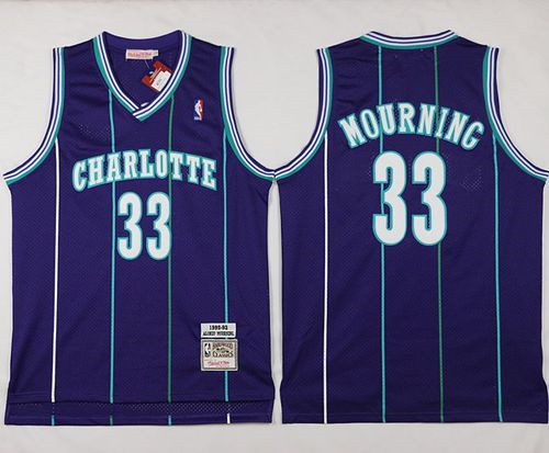Mitchell And Ness Charlotte Hornets #33 Alonzo Mourning Purple Throwback Stitched NBA Jersey