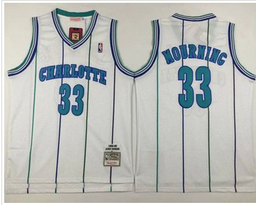 Mitchell And Ness Charlotte Hornets #33 Alonzo Mourning White Throwback Stitched NBA Jersey