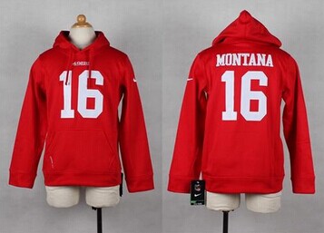 NEW 49ers #16 Joe Montana Red Youth Pullover NFL Hoodie