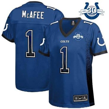 NEW Colts #1 Pat McAfee Royal Blue Team Color With 30TH Seasons Patch Women's Stitched NFL Elite Drift Fashion Jersey