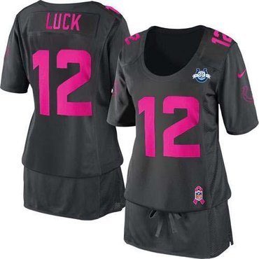 NEW Colts #12 Andrew Luck Dark Grey With 30TH Seasons Patch Women's Breast Cancer Awareness Stitched NFL Elite Jersey