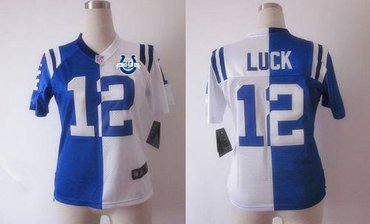 NEW Colts #12 Andrew Luck Royal Blue&White With 30TH Seasons Patch Women's Stitched NFL Elite Split Jersey