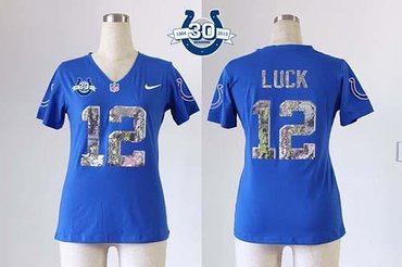 NEW Colts #12 Andrew Luck Royal Blue Team Color Handwork Sequin Lettering With 30TH Seasons Patch Women's Stitched NFL Elite Jersey