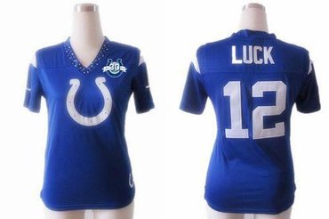 NEW Colts #12 Andrew Luck Royal Blue Team Color With 30TH Seasons Patch Women's Team Diamond Stitched NFL Elite Jersey