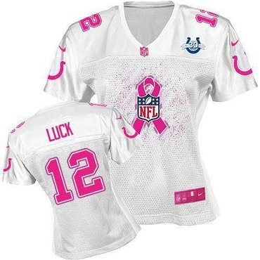 NEW Colts #12 Andrew Luck White With 30TH Seasons Patch Women's Breast Cancer Awareness NFL Game Jersey