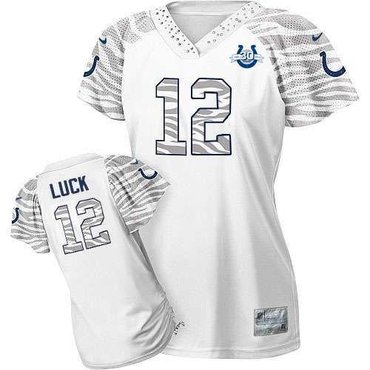 NEW Colts #12 Andrew Luck White With 30TH Seasons Patch Women's Zebra Field Flirt Stitched NFL Elite Jersey