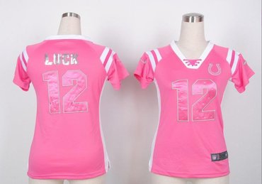 NEW Indianapolis Colts #12 Andrew Luck Women Draft Him Shimmer V-Neck T-Shirt - Pink