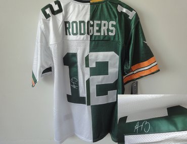 NEW NFL Green Bay Packers #12 Aaron Rodgers white-green jerseys(Elite Signed split)