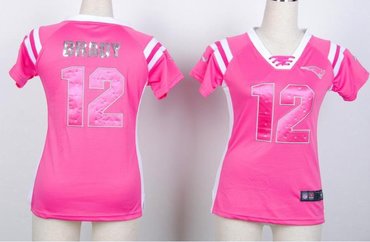 NEW New England Patriots Tom Brady 12 Women Draft Him Shimmer V-Neck Pink