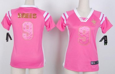 NEW New Orleans Saints Drew Brees 9 Women Draft Him Shimmer V-Neck T-Shirt - Pink