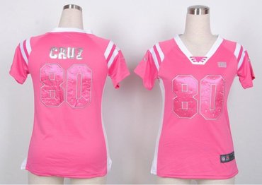 NEW New York Giants #80 Victor Cruz Women Draft Him Shimmer V-Neck T-Shirt - Pink