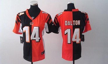 NEW Women Cincinnati Bengals #14 Andy Dalton Orange-Black jerseys(Elite split)