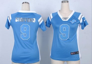 NEW Women Jerseys Detroit Lions #9 Matthew Stafford Blue(fashion Rhinestone sequins)