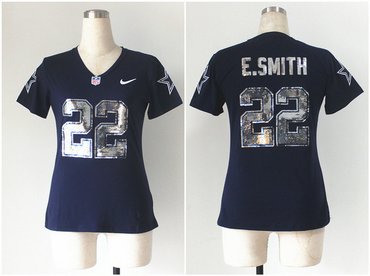 NEW women jerseys Dallas Cowboys 22 e.smitth Blue(Handwork Sequin lettering Fashion)