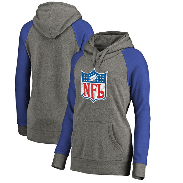 NFL Shield NFL Pro Line By Fanatics Branded Women's Throwback Logo Tri-Blend Raglan Plus Size Pullover Hoodie Heather Gray Royal NFL Shield NFL Pro Line By Fanatics Branded Women's Throwback Logo Tri-Blend Raglan Plus Size Pullover Hoodie Heather Gray Royal