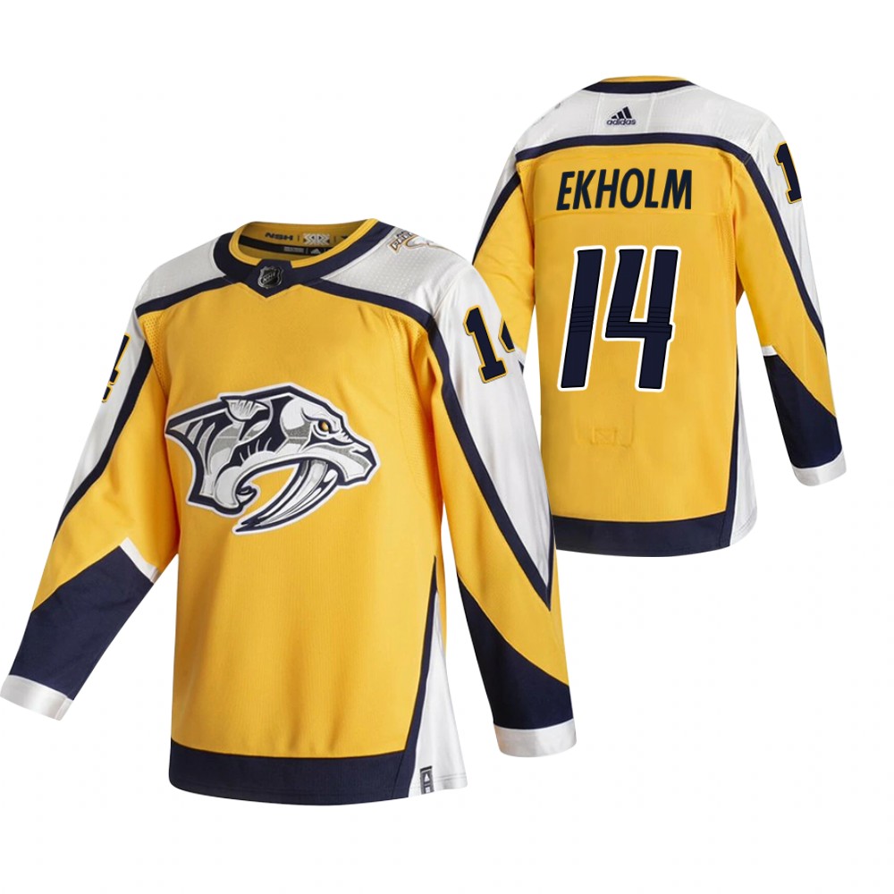 Nashville Predators #14 Mattias Ekholm Yellow Men's Adidas 2020-21 Reverse Retro Alternate NHL Jersey Nashville Predators #14 Mattias Ekholm Yellow Men's Adidas 2020-21 Reverse Retro Alternate NHL Jersey