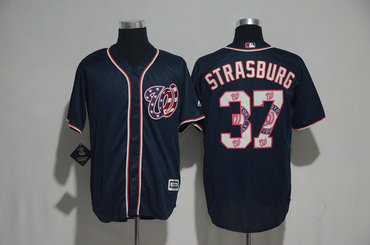 Nationals 37 Stephen Strasburg Navy Team Logo Print Cool Base Jersey