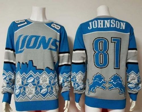 New Detroit Lions #81 Calvin Johnson Blue Grey Men's Ugly Sweater