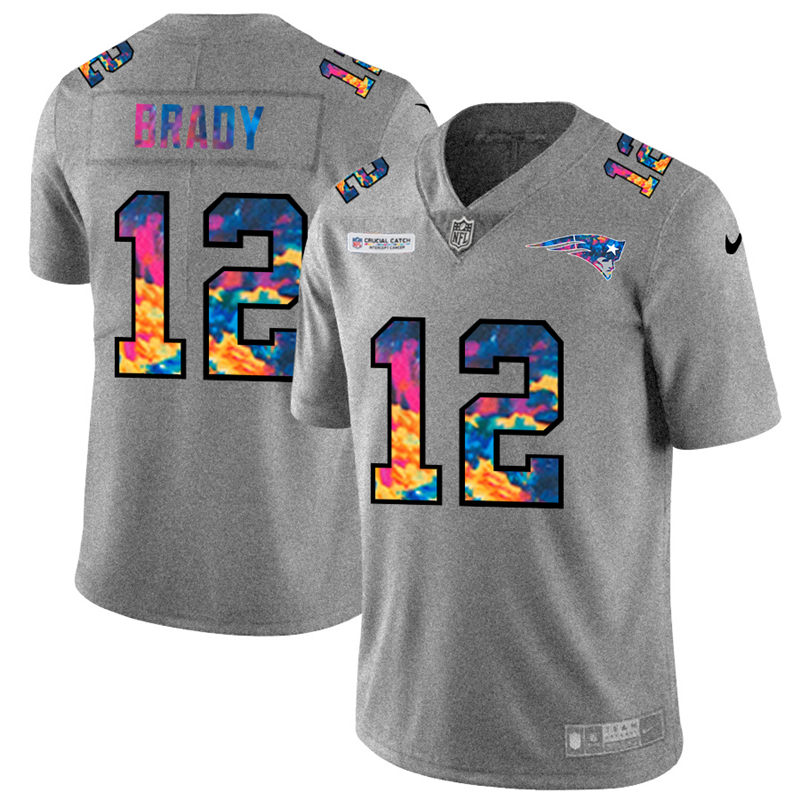 New England Patriots #12 Tom Brady Men's Nike Multi-Color 2020 NFL Crucial Catch NFL Jersey Greyheather New England Patriots #12 Tom Brady Men's Nike Multi-Color 2020 NFL Crucial Catch NFL Jersey Greyheather