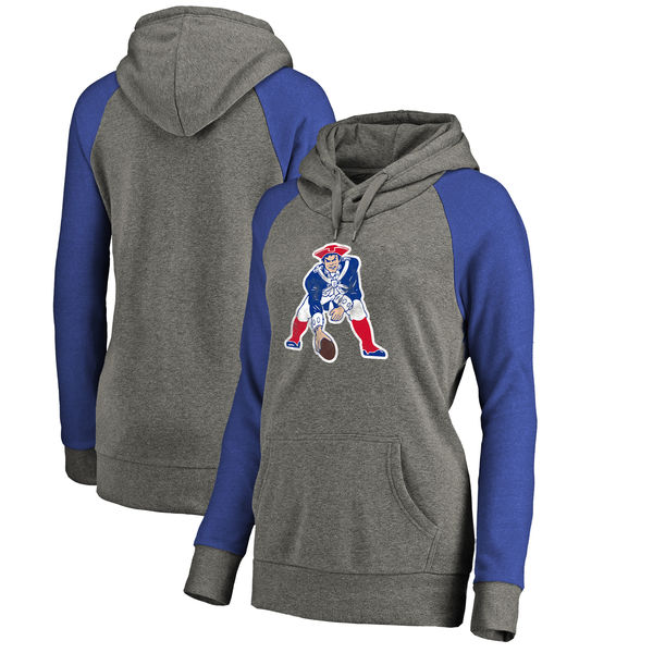 New England Patriots NFL Pro Line By Fanatics Branded Women's Throwback Logo Tri-Blend Raglan Plus Size Pullover Hoodie Gray Royal