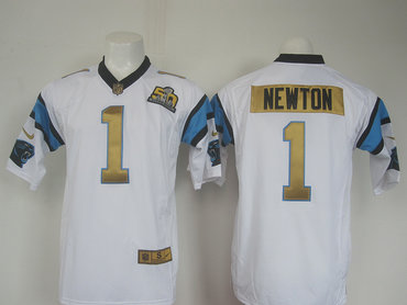 New Nike Carolina Panthers 1 Cam Newton White Gold 50th Anniversary Superbowl Men's Stitched NFL Elite Jersey