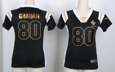 New Orleans Saints 80 Jimmy Graham Womens Draft Him Shimmer V-Neck T-Shirt - Black