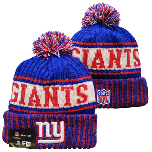 New York Giants Team Logo Red And Royal Pom Cuffed Knit Hat -YD