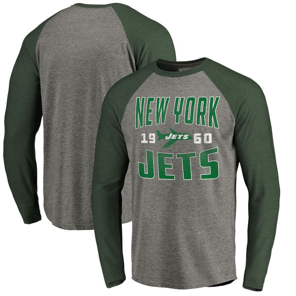 New York Jets NFL Pro Line By Fanatics Branded Timeless Collection Antique Stack Long Sleeve Tri-Blend Raglan T-Shirt Ash New York Jets NFL Pro Line By Fanatics Branded Timeless Collection Antique Stack Long Sleeve Tri-Blend Raglan T-Shirt Ash