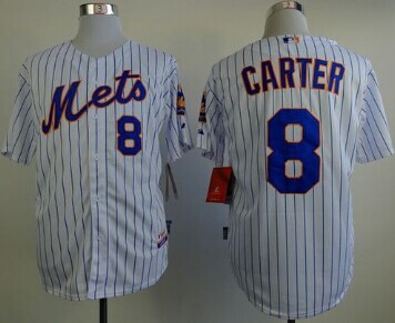 New York Mets #8 Gary Carter White(Blue Strip) Home Cool Base MLB Jersey