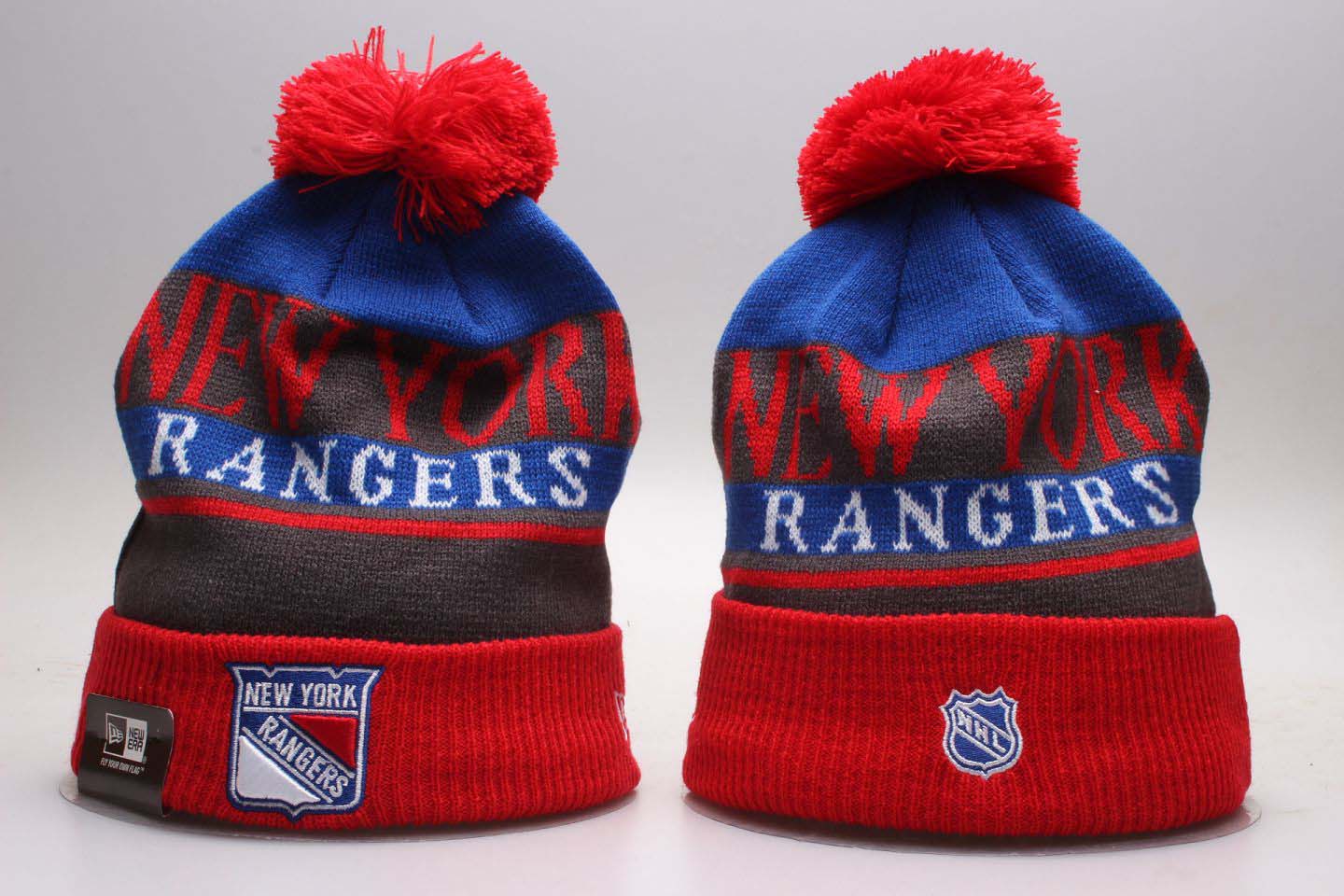 New York Rangers Red Wordmark Cuffed Pom Knit Hat YP