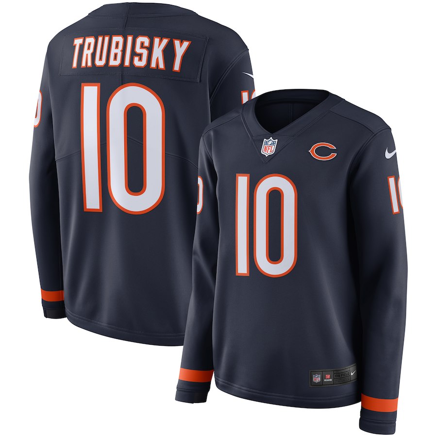 Nike Bears 10 Mitchell Trubisky Navy Women Therma Long Sleeve Jersey