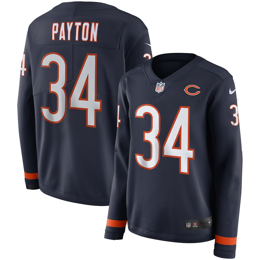 Nike Bears 34 Walter Payton Navy Women Therma Long Sleeve Jersey