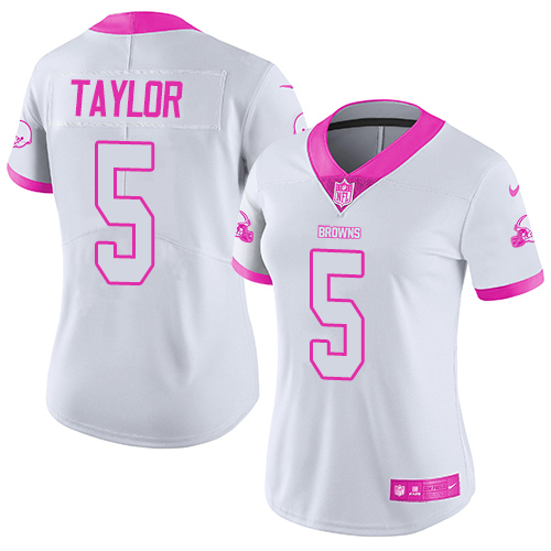 Nike Browns #5 Tyrod Taylor White Pink Women's Stitched NFL Limited Rush Fashion Jersey