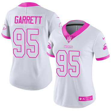 Nike Browns #95 Myles Garrett White Pink Women's Stitched NFL Limited Rush Fashion Jersey