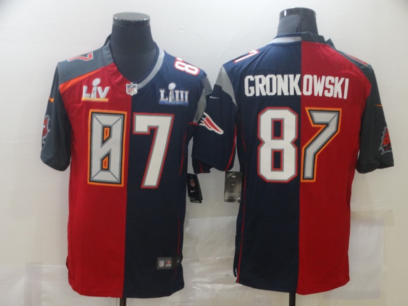 Nike Buccaneers & Patriots #87 Rob Gronkowski Men's Red Navy Blue Limited NFL 2020 2021 super bowl Jersey Nike Buccaneers & Patriots #87 Rob Gronkowski Men's Red Navy Blue Limited NFL 2020 2021 super bowl Jersey