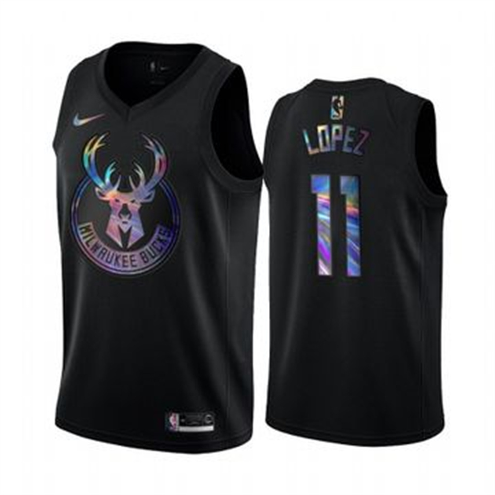 Nike Bucks #11 Brook Lopez Men's Iridescent Holographic Collection NBA Jersey - Black Nike Bucks #11 Brook Lopez Men's Iridescent Holographic Collection NBA Jersey - Black