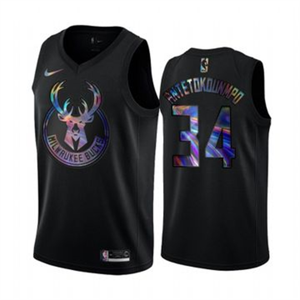 Nike Bucks #34 Giannis Antetokounmpo Men's Iridescent Holographic Collection NBA Jersey - Black Nike Bucks #34 Giannis Antetokounmpo Men's Iridescent Holographic Collection NBA Jersey - Black