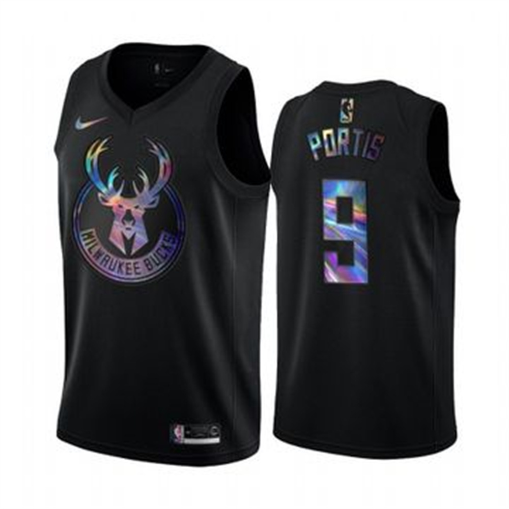 Nike Bucks #9 Bobby Portis Men's Iridescent Holographic Collection NBA Jersey - Black Nike Bucks #9 Bobby Portis Men's Iridescent Holographic Collection NBA Jersey - Black