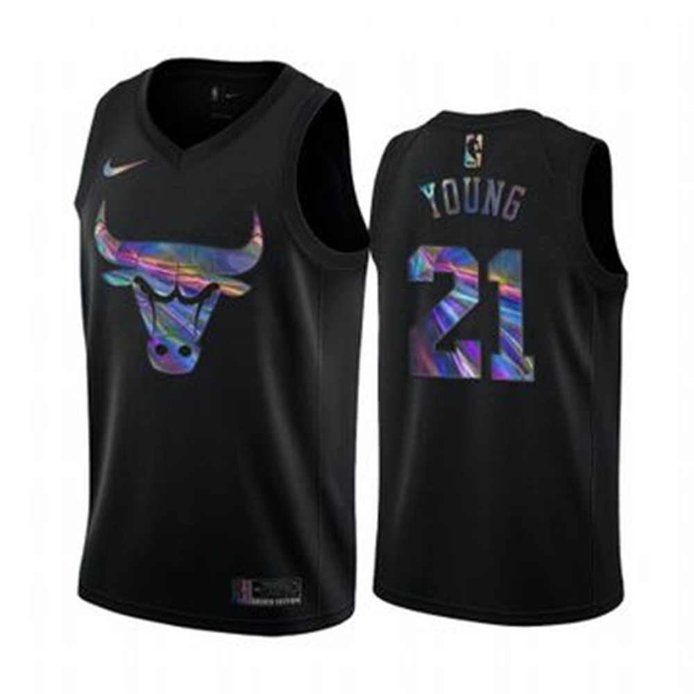 Nike Bulls #21 Thaddeus Young Men's Iridescent Holographic Collection NBA Jersey - Black