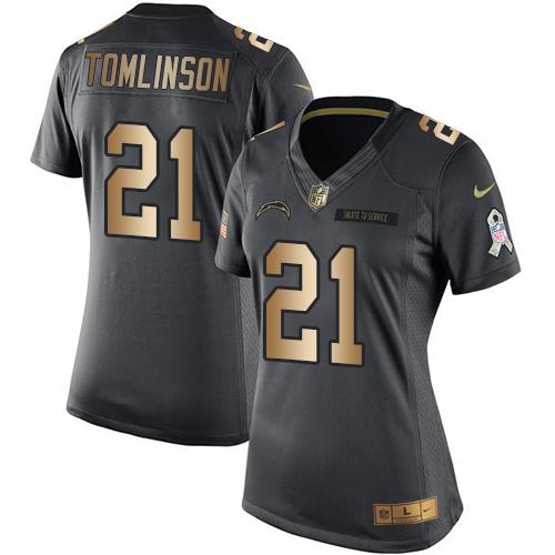 Nike Chargers #21 LaDainian Tomlinson Black Women's Stitched NFL Limited Gold Salute to Service Jersey