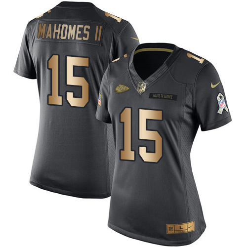 Nike Chiefs #15 Patrick Mahomes II Black Women's Stitched NFL Limited Gold Salute to Service Jersey